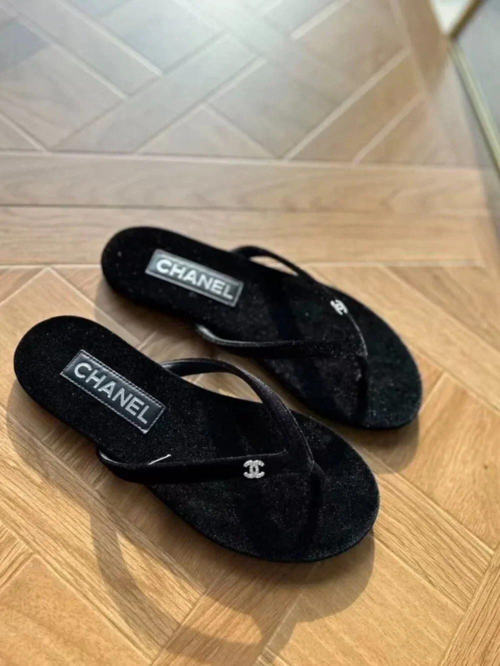 Chanel Velvet Flip-Flop Sandals